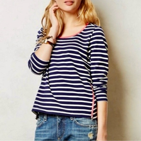 Anthropologie Tops - ANTHROPOLOGIE Lili's Closet Long sleeve Shirt Stripe Navy White Pink Piping 4 S
